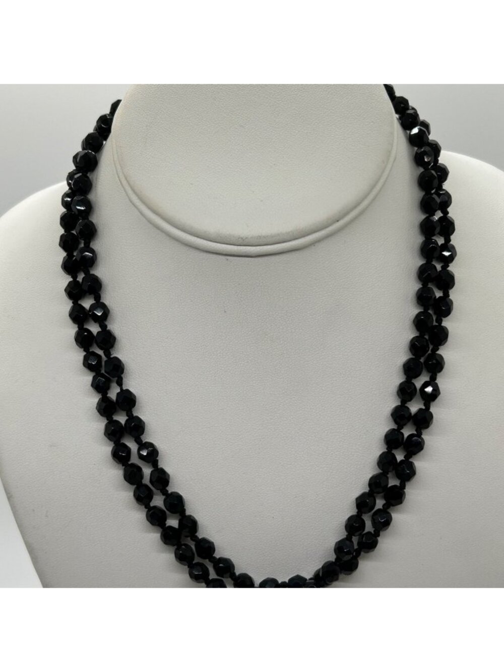 Vintage Glass Beaded Necklace Black Handknotted With Gold-Tone Oval Clasp 1950 -
